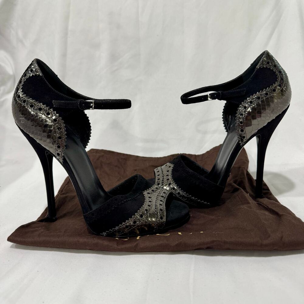 Gucci Black Suede Metallic Python Brogue Ankle Strap Heels 39 - Picture 5 of 10